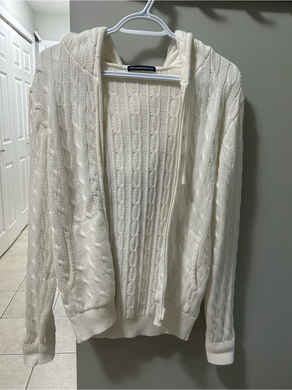 Brandy Melville Cream Cable Knit Hooded Sweater